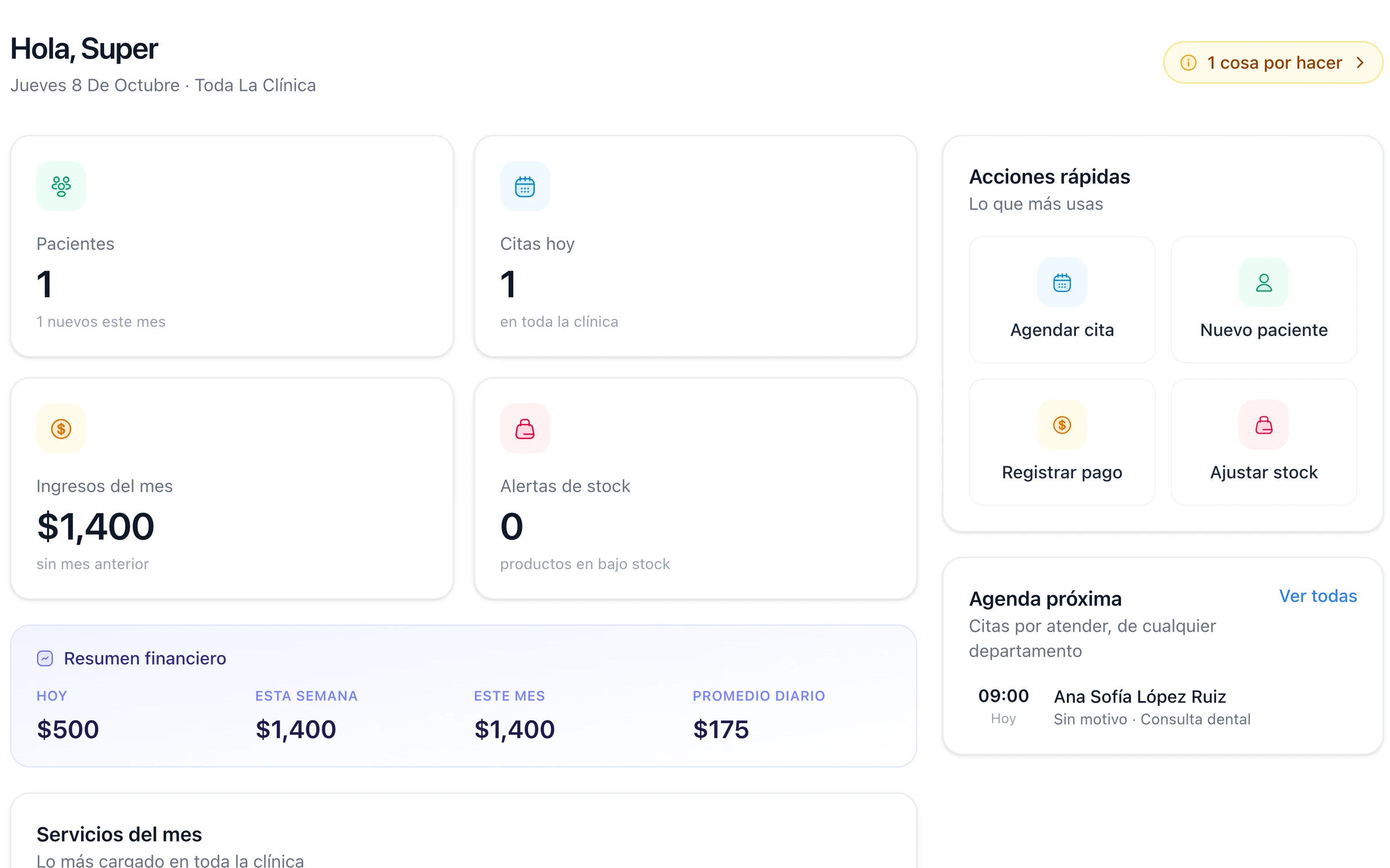 Inicio de Clinika con pacientes, citas del día, ingresos del mes, alertas de stock, resumen financiero y acciones rápidas